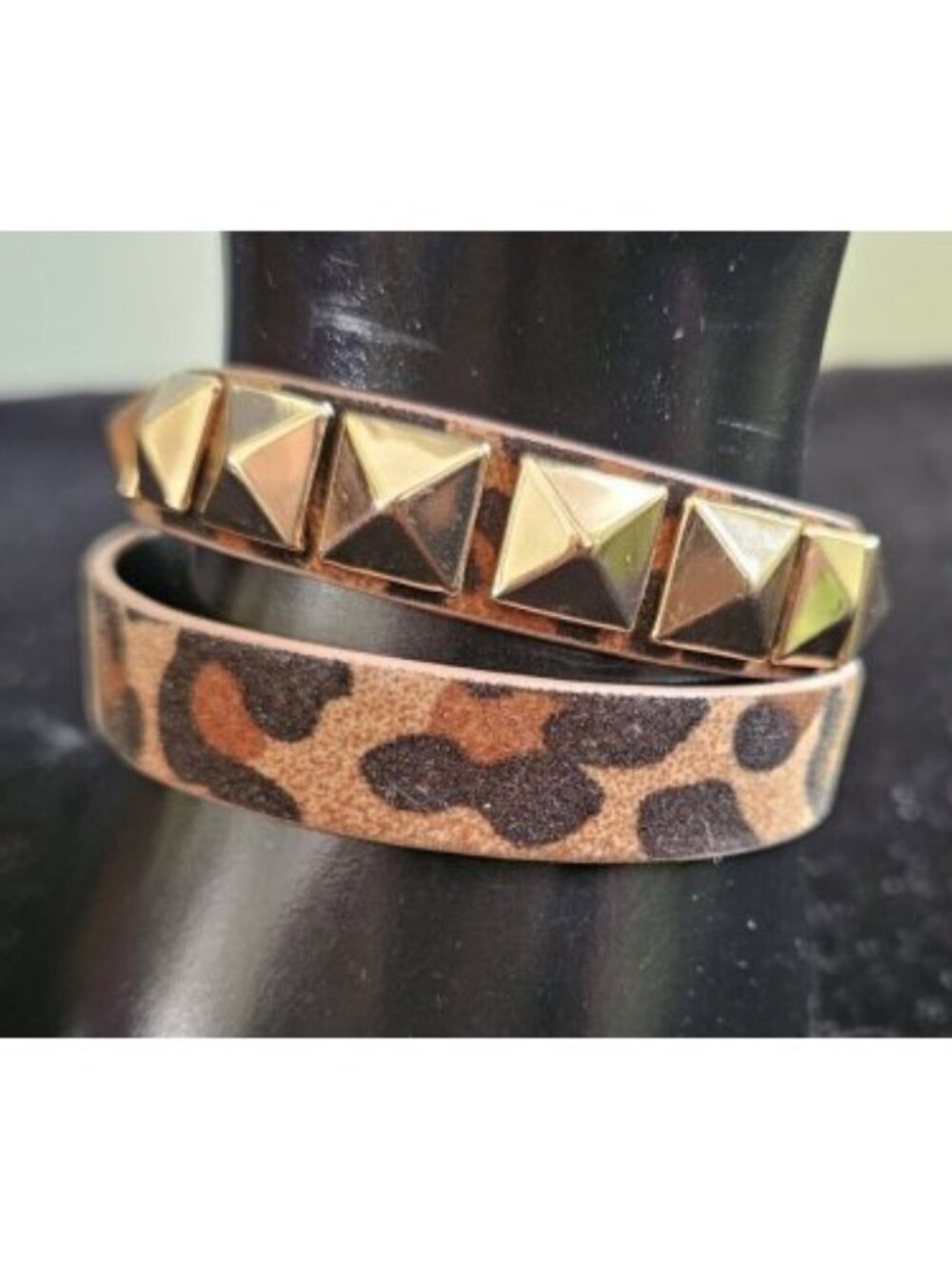 Animal Print and Goldtone Square Beads Wrap Around Faux Leather Bracelet